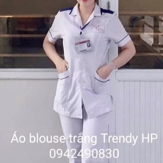 Áo blouse trắng điều dưỡng nam nữ có viền xanh và cầu vai - Áo blu điều dưỡng, y tá cho thực tập sinh