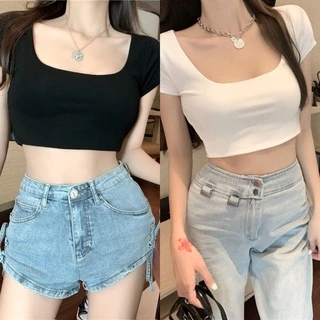 ✨✨Áo Croptop cổ vuông tay ngắn Phong Cách, Áo kiểu nữ chất vải tốt mặc đẹp