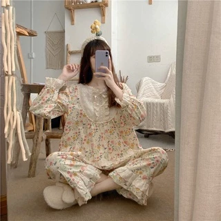 BN19_ Bộ ngủ pijama, bộ mặc nhà dài tay họa tiết hoa nhí phối ren phong cách retro tiểu thư