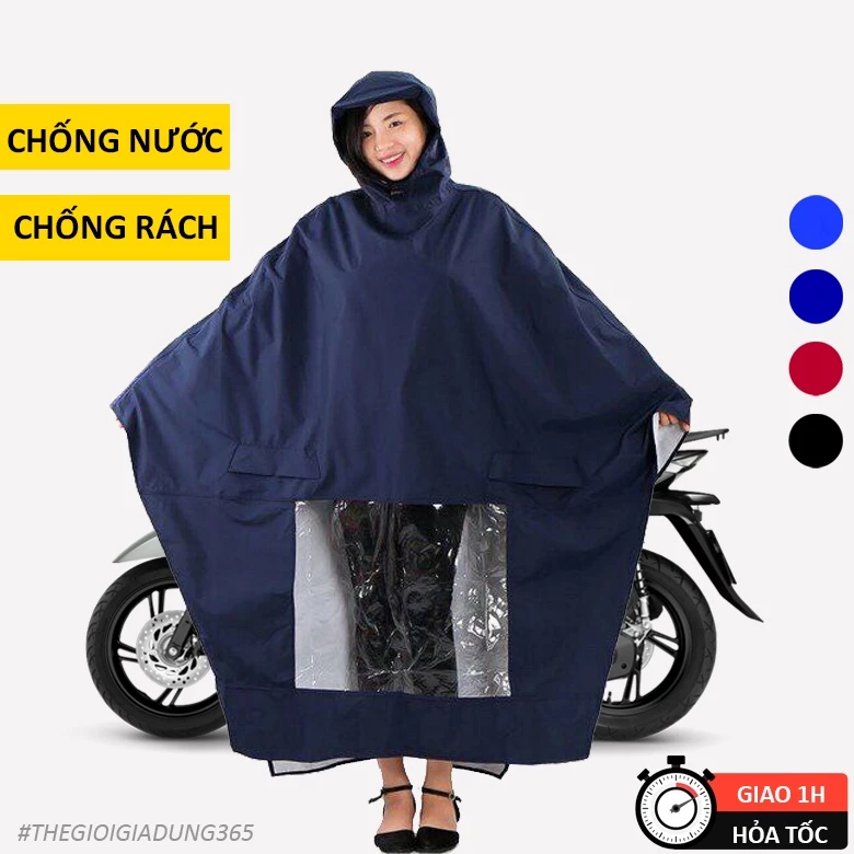 Áo Mưa Đi Xe Máy 1 Người, 2 Người Cánh Dơi Choàng Vải Dù Tổ Ong Cao Cấp Chống Rách Trùm Kín Chống Nước Có Lỗ Xỏ Gương