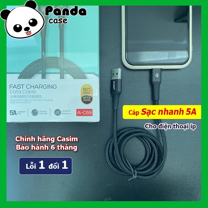 Dây cáp sạc nhanh iP - 5A chính hãng CASIM A-C69 bọc dù bền bỉ, có hỗ trợ truyền dữ liệu - Pandacase