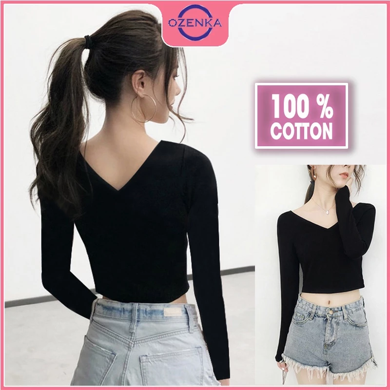 Áo croptop tay dài cổ V ôm body OZENKA , ao crt mặc đi học đi chơi đẹp thun gân 100% cotton màu đen trắng free size