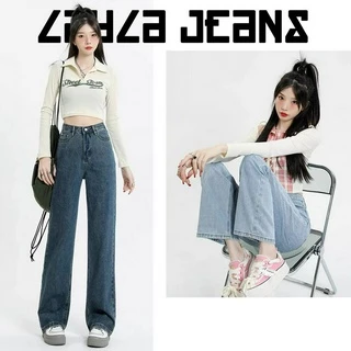 Quần Jean Nữ Trơn Lưng Cao Form Suông Layla Ver.080, Ống Rộng Sắn Gấu Ulzzang Hàn Quốc Cá Tính