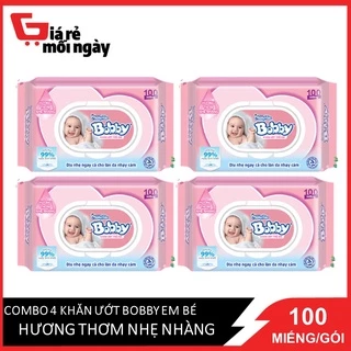 COMBO 4 Khăn Uớt Bobby Em Bé Hương Thơm Nhẹ Nhàng 100 Miếng