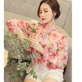 Áo sơ mi HINSTORE áo kiểu công sở thiết kế nữ tơ hoa nơ cổ tay bồng 2 lớp 101