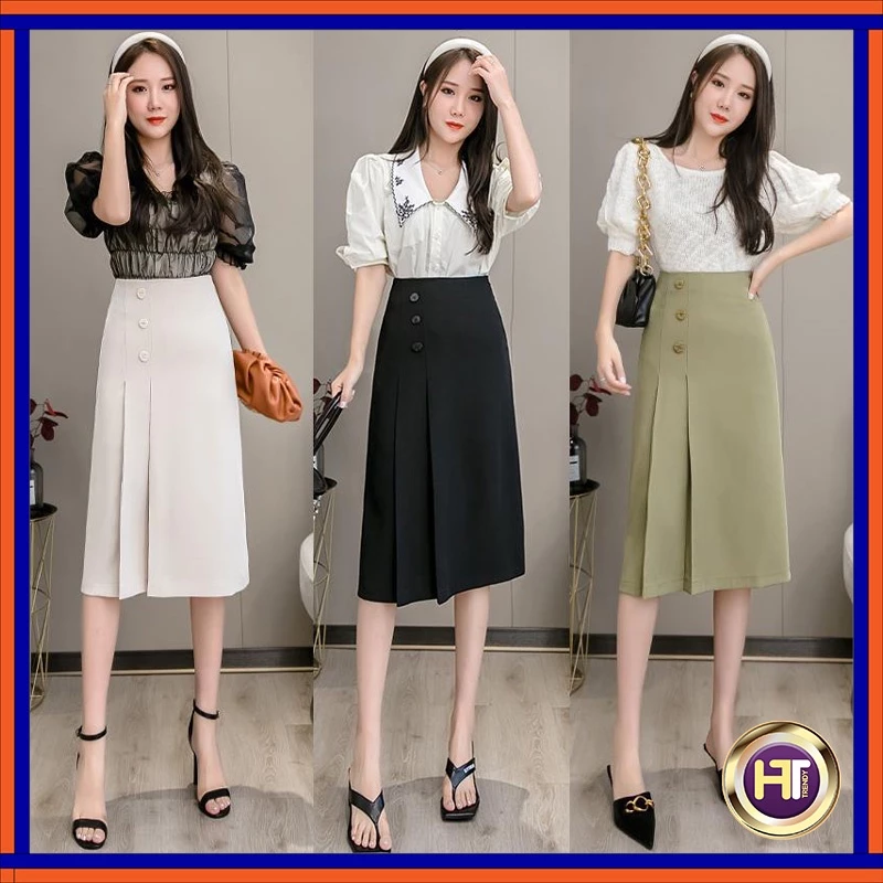 Chân Váy Dài Xếp Ly lệch tà dáng Chữ A phong cách công sở thiết kế HT TRENDY