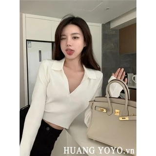 kumikumi HUANG YOYO Áo sweater Dệt Kim Tay Dài Dáng Ngắn Phong Cách Hàn Quốc Thời Trang Mùa Hè 2022 Dành Cho Bạn Nữ