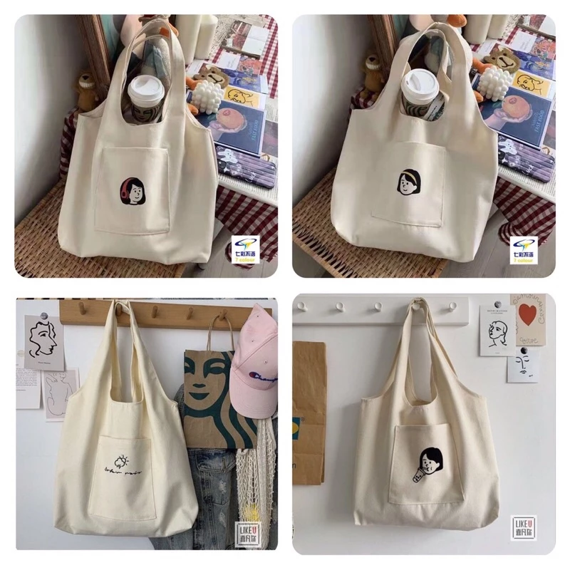 Túi Tote Canvas Đeo Vai Họa Tiết Đơn Giản Dễ Thương Cho Nữ