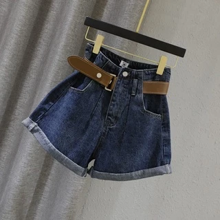 2023 Quần short denim ống rộng lưng cao phong cách cổ điển dành cho nữ