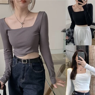 Áo croptop tay dài cổ vuông dáng ôm kiểu retro Hàn Quốc xinh xắn dành cho nữ