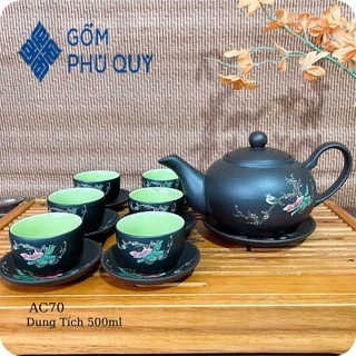 Bộ Ấm Trà ⚱ Gốm Sứ Bát Tràng ⚱ Bộ Ấm Chén Uống Trà Lan Hoa Đen Cao Cấp Tử Sa Gomphuquy Ac70