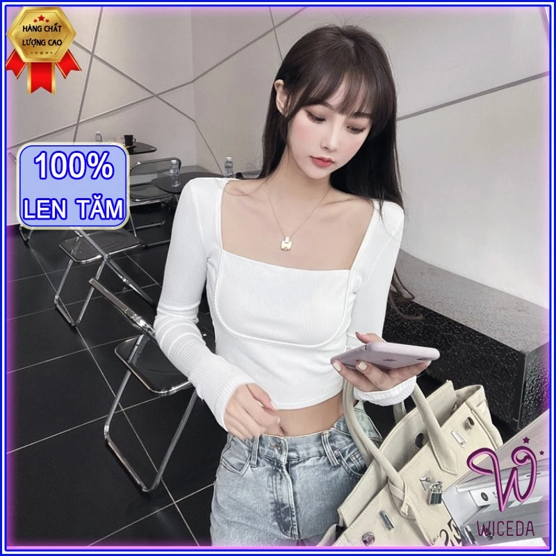 Áo croptop tay dài cổ vuông đẹp,áo kiểu xinh chất len tăm nâng ngực 2 màu đen trắng Wiceda AN301