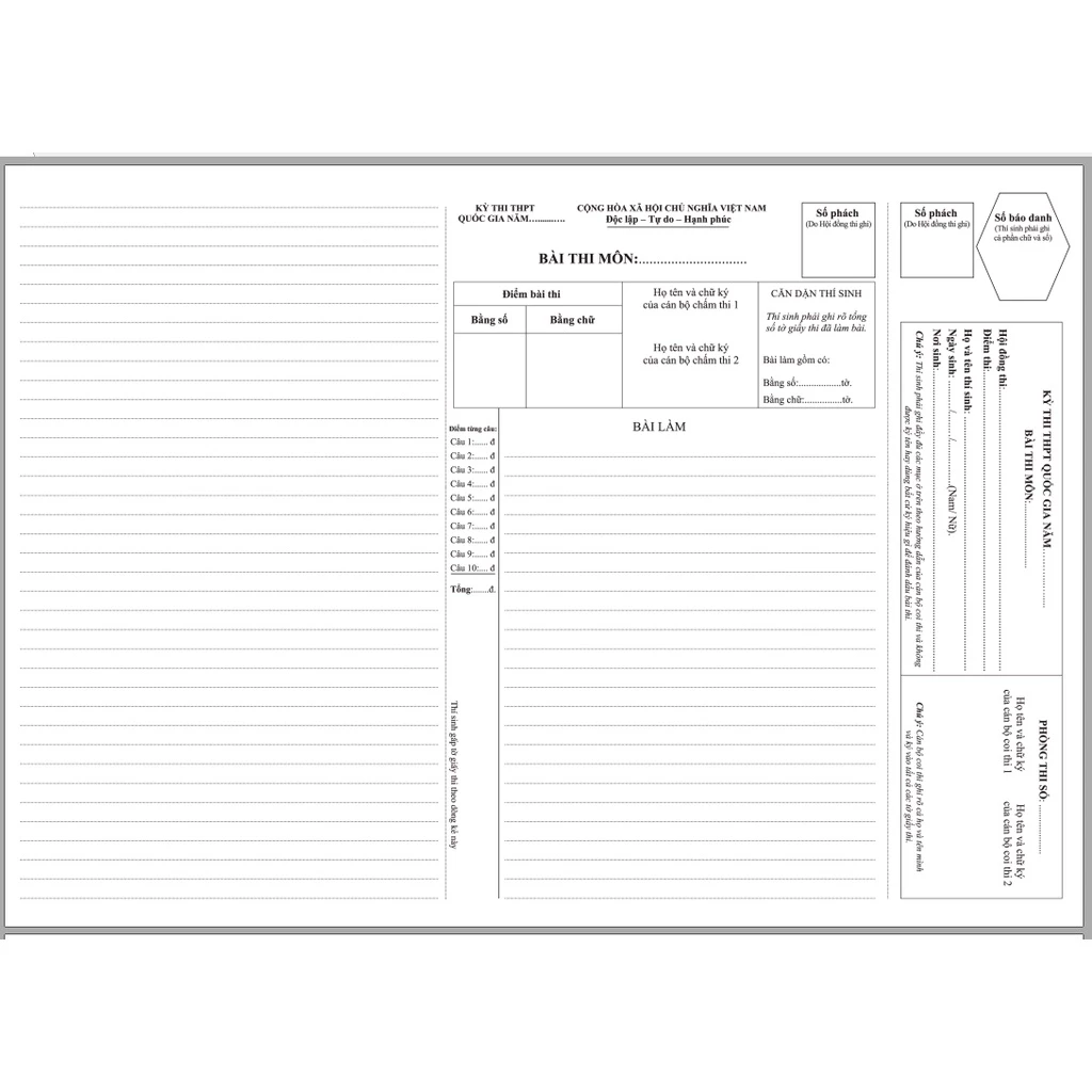 giấy thi tự luận A3 theo mẫu của Bộ GDĐT (100 tờ)