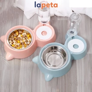 Bát ăn cho chó mèo thú cưng hai ngăn đôi có bát inox khay bình nước tự động 500ml Lapeta