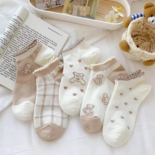 Vớ Cotton Cổ Thấp Mỏng Nhẹ In Họa Tiết Gấu Phong Cách Hàn Quốc Thời Trang Mùa Hè Cho Nữ