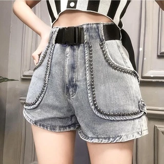 Quần Short Denim Lưng Cao Ống Rộng Đính Ngọc Trai Thời Trang Mùa Hè 2022 Cho Nữ