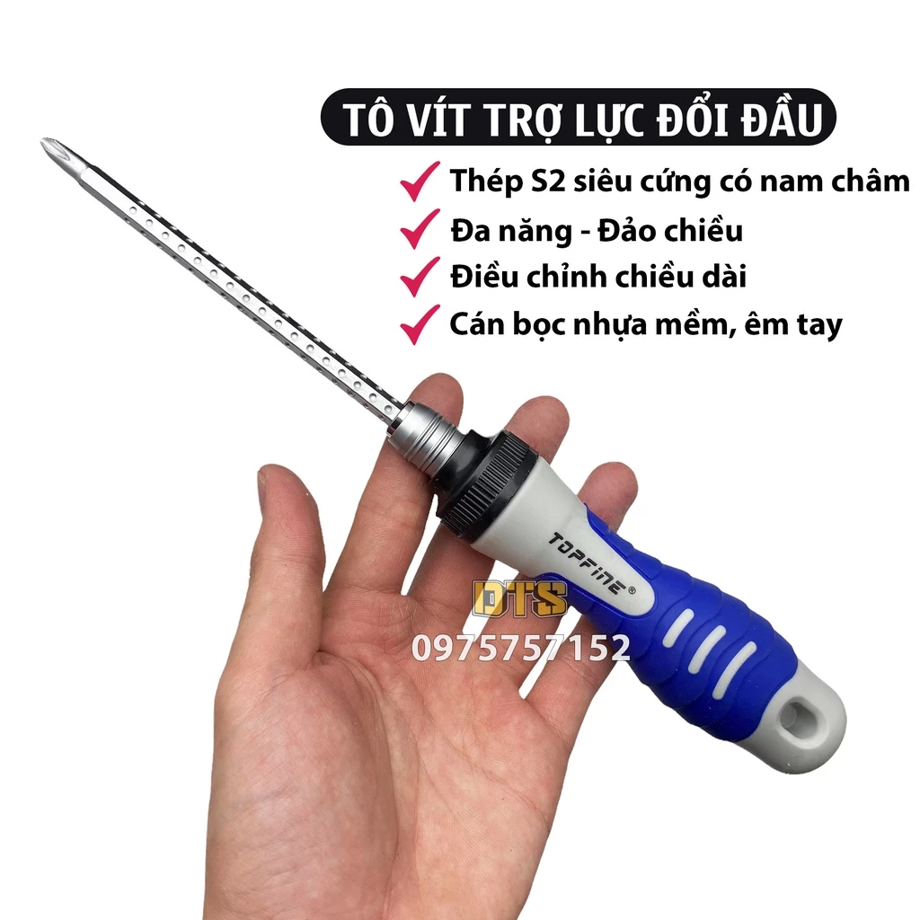 Tô vít nấc 2 đầu dài 180mm trợ lực tự động TOP FINE, tua vít đa năng đảo chiều có nam châm thép S2 cứng sửa chữa nhà cửa