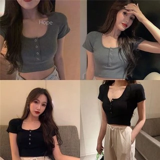 【WANG JIAO ZHAN】 Áo croptop thun tay ngắn cổ tròn dáng ôm lưng cao thời trang【326】