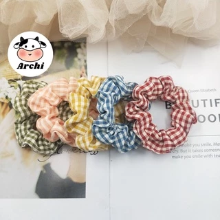 Buộc tóc voan scrunchies kẻ caro