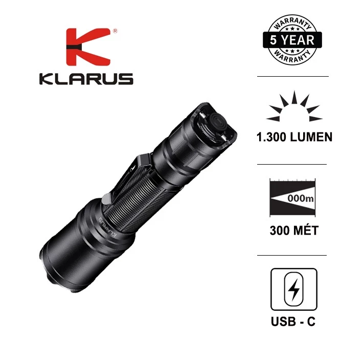 Đèn pin KLARUS XT11R độ sáng 1300 lumen chiếu xa 300m sạc type C pin sạc 18650 2600mAh