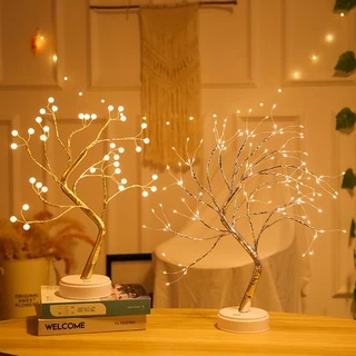 Đèn trang trí để bàn, đèn Led hình cây Vintage decor nội thất phòng ngủ dùng Pin+USB