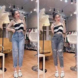 Quần Baggy jean nữ rách gối ngang sước 2 màu Xanh/ Xám - Quần bò nữ cạp cao lai cắt phong cách cá tính