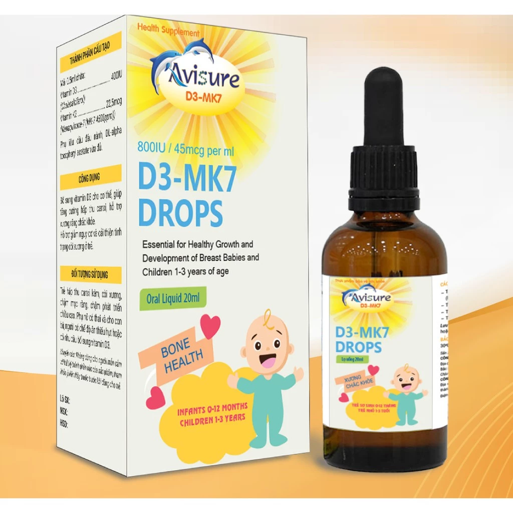 AVISURE D3MK7 NHỎ GIỌT: BỔ SUNG VITAMIN D3 KẾT HỢP MK7 GIÚP TĂNG CƯỜNG HẤP THU CANXI CHO BÉ