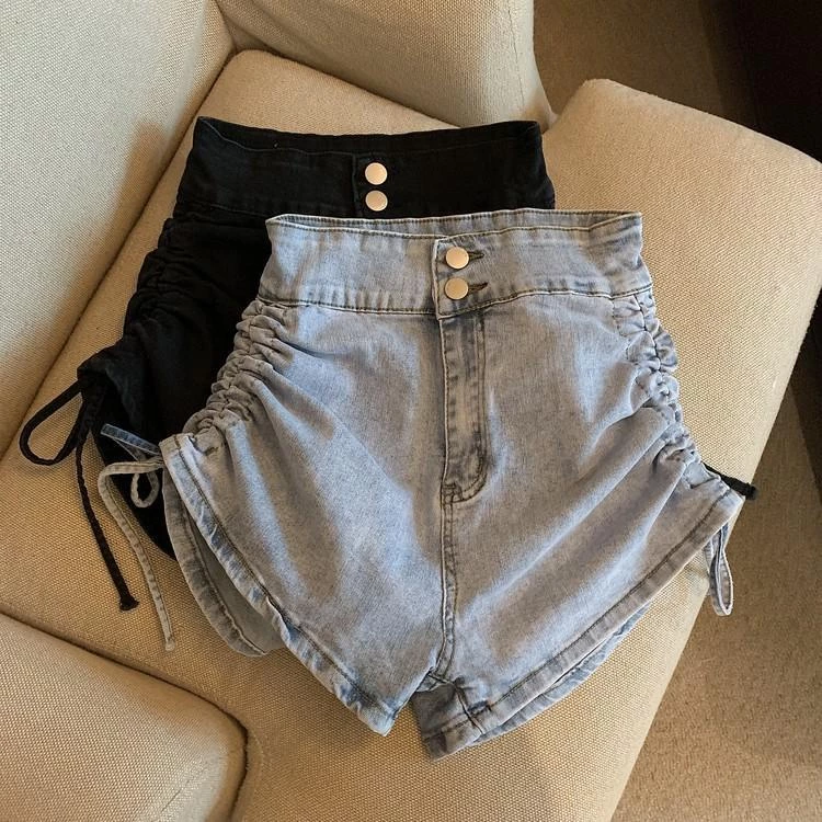 Quần Short Denim Lưng Cao Phối Dây Rút Thời Trang Mùa Hè Cá Tính Cho Nữ