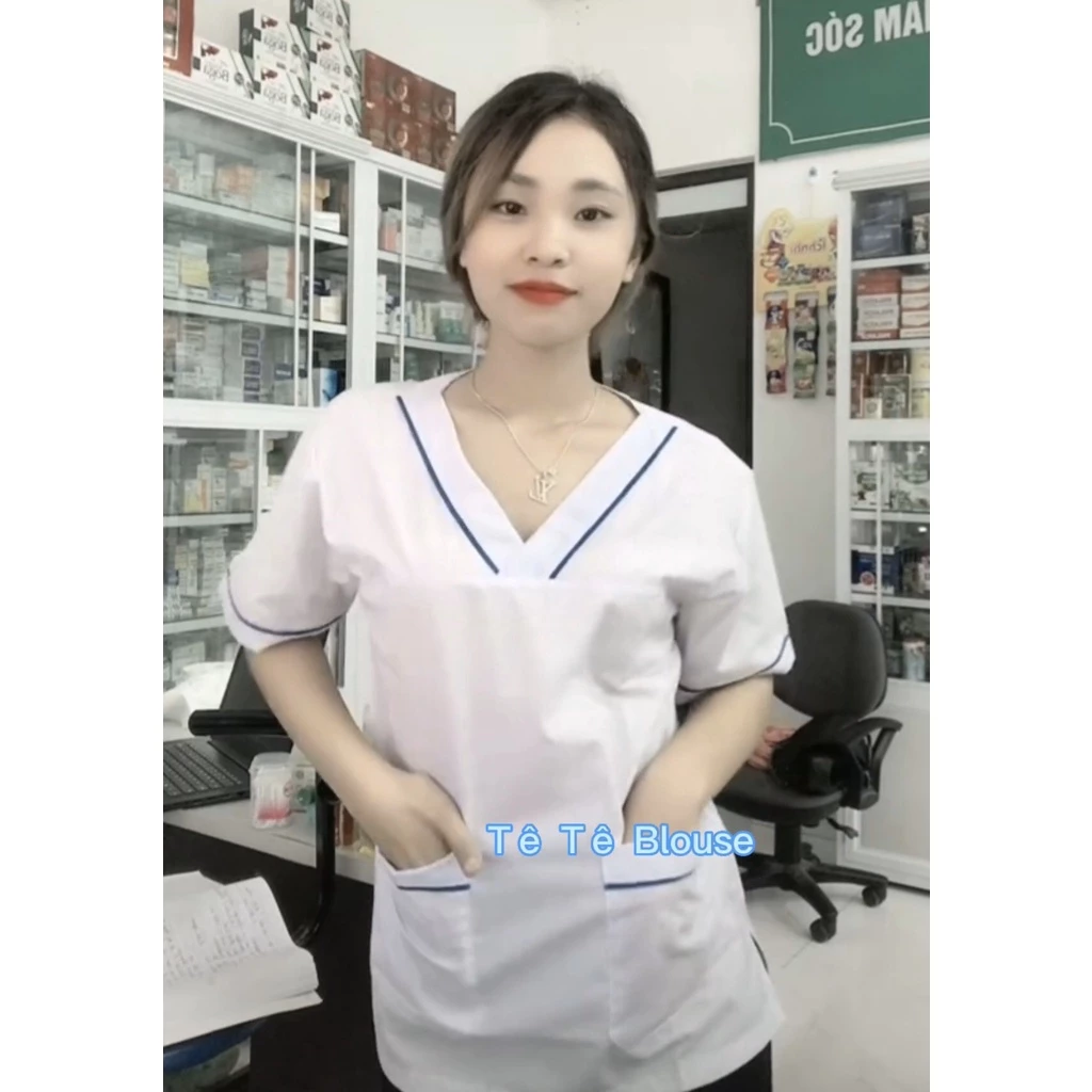 Bộ Dược Sỹ Áo Cổ Tim Viền Xanh Coban, Quần Xanh Coban, trang phục phù hợp cho các Quầy Thuốc, Nhà Thuốc, Hiệu Thuốc