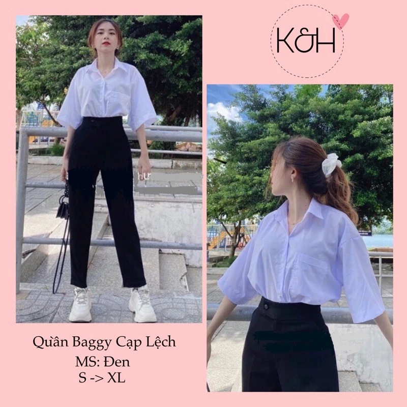 Quần baggy cúc lệch ống suông KH02, quần tây khuy lệch lưng cao kiểu dáng công sở