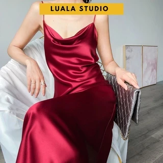 Đầm lụa 2 dây cổ đổ Luala có tăng đơ điều chỉnh, dáng dài qua gối, váy chất liệu satin mềm mịn xẻ tà phong cách Hàn Quốc