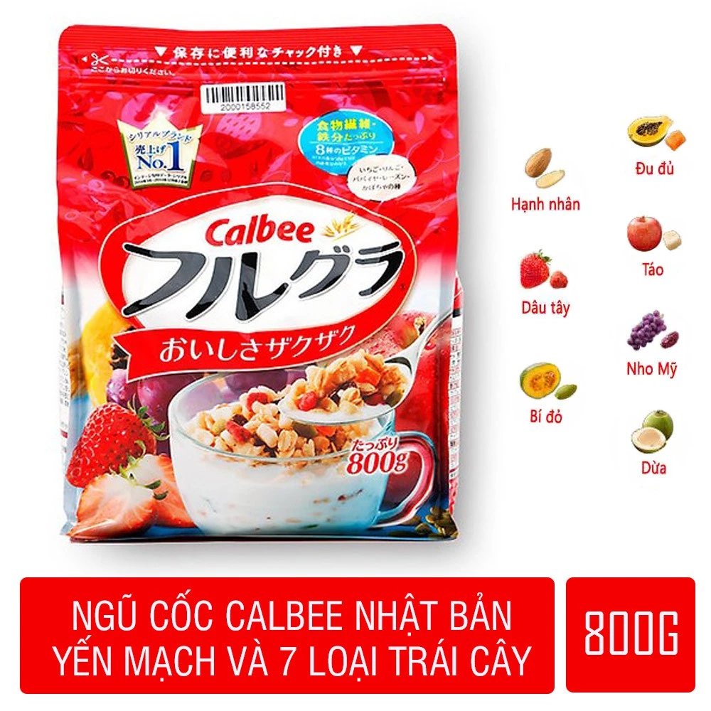 (02.2021) Ngũ cốc ăn sáng trái cây sấy khô ăn liền Calbee 800g yến mach