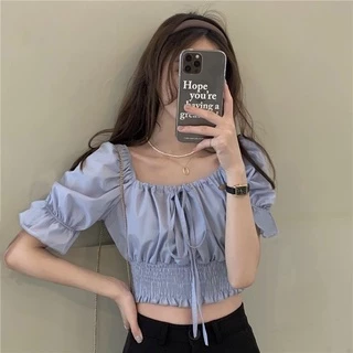 Áo Croptop Ngắn Tay Với Thiết Kế Cổ Vuông Xinh Xắn Theo Phong Cách Hàn Quốc