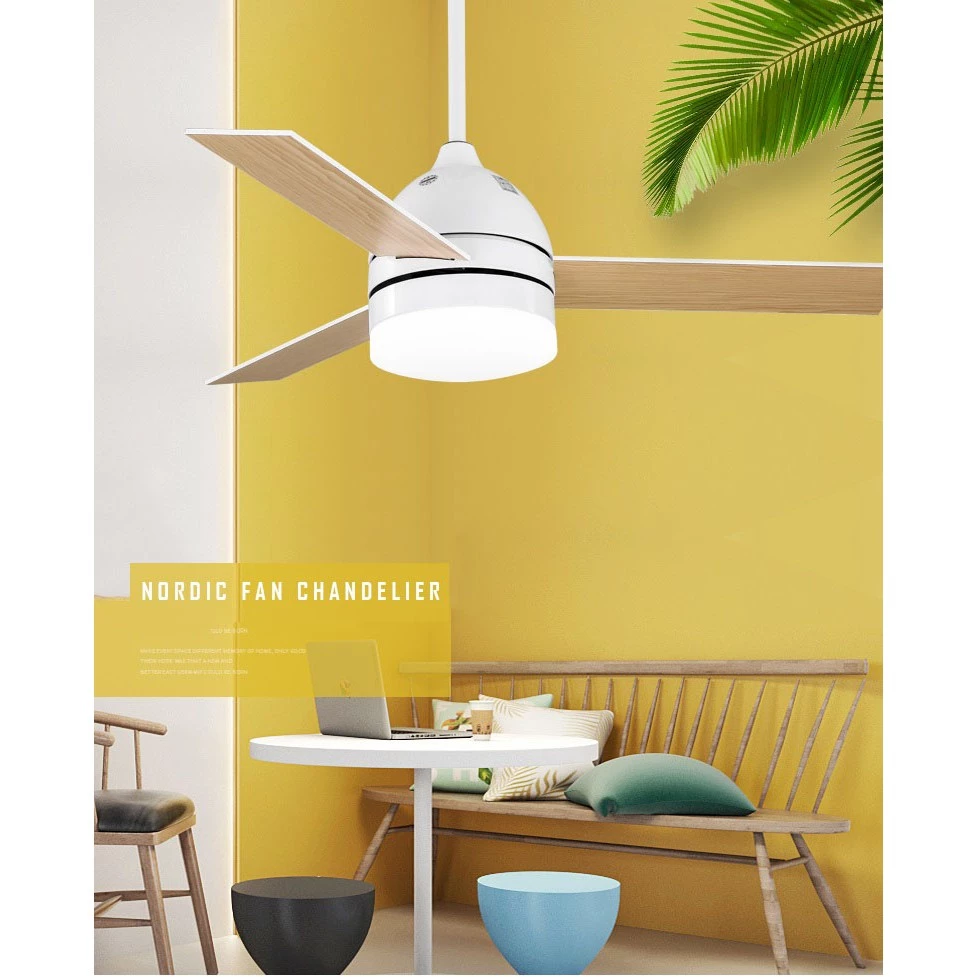 Đèn Quạt trần NORDIC FAN CHANDELIER, Quạt trần đèn phòng ngủ, nhà bếp [3 cánh gỗ 42, Bóng đèn led, Trắng] XH-668CT