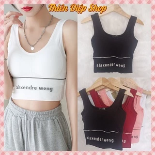 Áo Croptop kiểu có mút ngực in chữ alaxender weng, chất liệu thun gân tăm thoáng mát, thích hợp tập gym, đi dạo