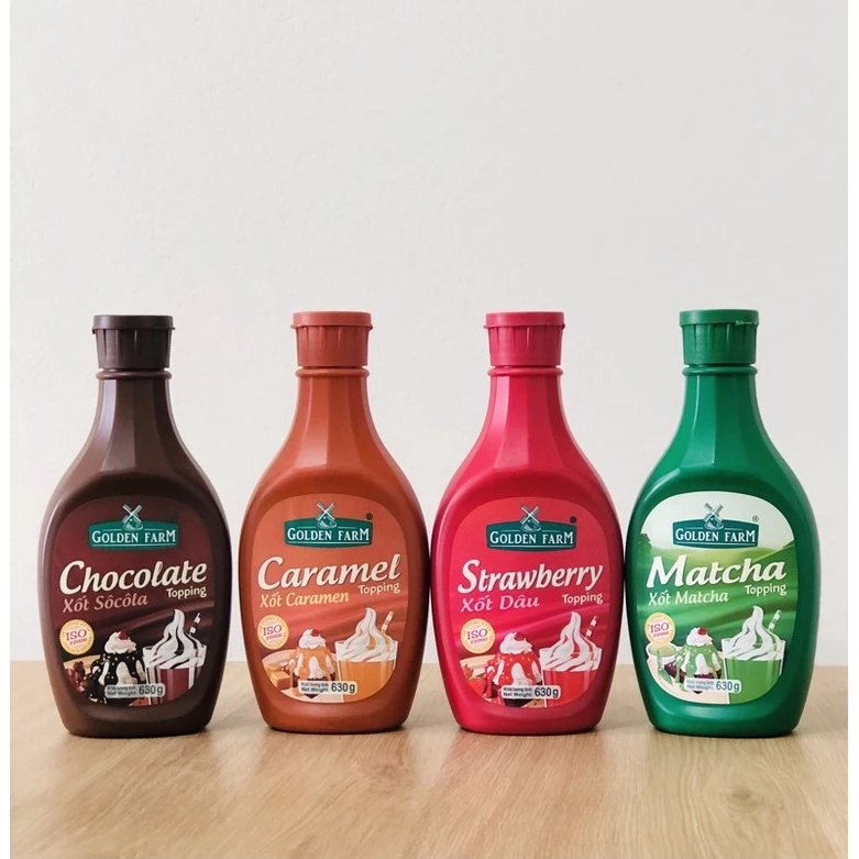 Sốt Golden Farm Topping các vị Chocolate, Caramel, Dâu, Matcha chai 630gr