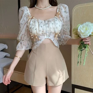 Áo Crop Top Cổ Vuông Tay Ngắn Chất Liệu Chiffon In Họa Tiết Hoa Cho Nữ