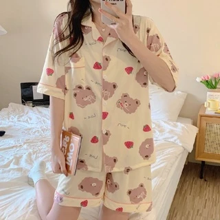 Bộ đồ ngủ pijama nữ cộc tay quần đùi chất lụa Kate Thái mềm mịn màu xám họa tiết gấu quả dâu cute