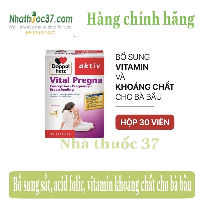 DoppelHerz Aktiv Vital Pregna hộp 30 chính hãng - Bổ sung sắt, Acid Folic, vitamin khoáng chất thiết yếu cho bà bầu