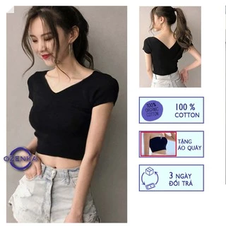 Áo croptop cổ chữ v dáng ôm  ozenka , áo kiểu crt tay ngắn sexy nữ đen trắng vải thun gân 100% cotton CRTV 258