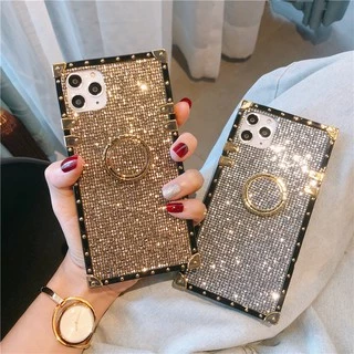 Ốp Điện Thoại Bling Vuông Sang Trọng Cho iPhone 12 11 Pro Max X XR XS Max 7 8 Plus SE 2020 Ốp Lưng Lấp Lánh 360 Ngón Tay Giá Đỡ Nhẫn Đứng Chống Sốc