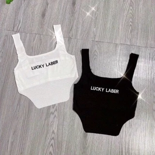 Áo kiểu 2 dây croptop thêu chữ lucky khoét eo cực xinh , chất thun gân mềm mịn