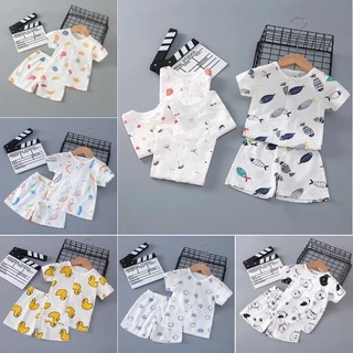 Bộ đồ ngủ áo thun tay ngắn + quần đùi vải cotton họa tiết hoạt hình cho bé từ 0 - 5 tuổi