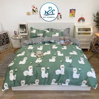 Bộ chăn ga gối Cotton poly M2T bedding, vỏ chăn mền, drap ga giường và 2 vỏ gối nằm - Pl Cừu xanh