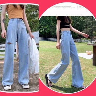 Size 30-35/ Quần Bò Suông Dài BigSize / Ống Rộng Jeans Phom To Không Giãn - Trơn / Rách 1 Đùi
