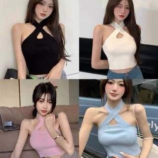 [Hàng Quảng Châu]SP216 Áo len tăm croptop cổ yếm