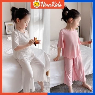 Bộ đồ ngủ áo tay ngắn phối quần short vải màu trơn thời trang mùa hè dễ thương cho bé gái 1-7 tuổi