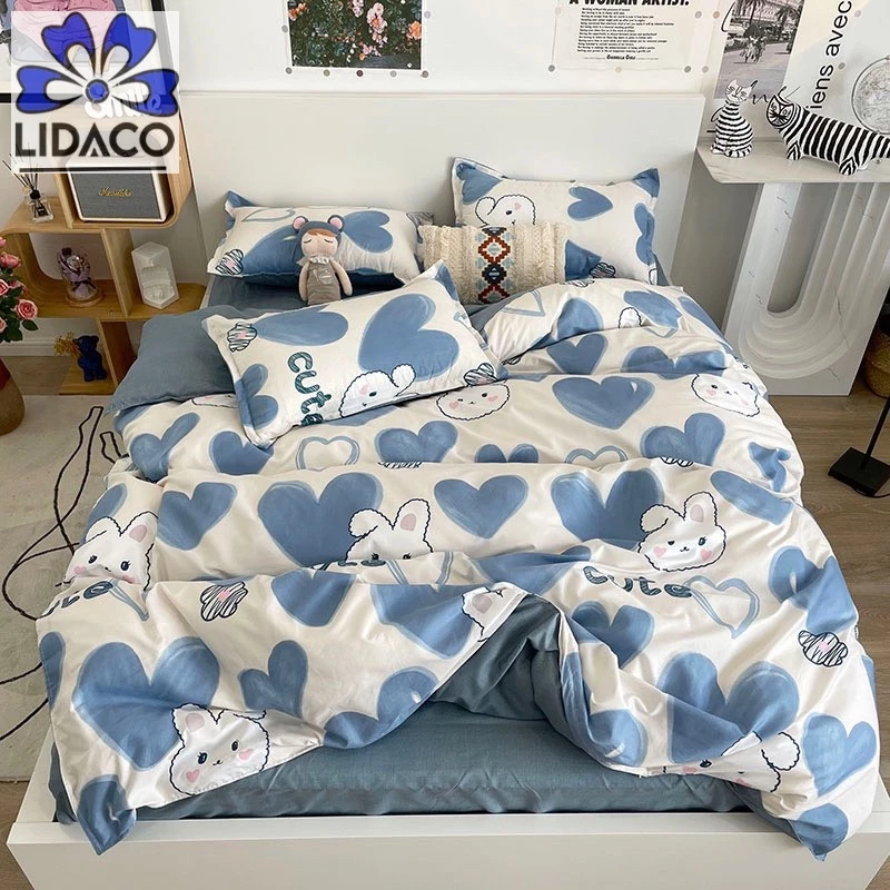 Bộ vỏ chăn ga gối cotton poly Lidaco decor phòng ngủ vintage - Thỏ tim xanh ( SP001484)