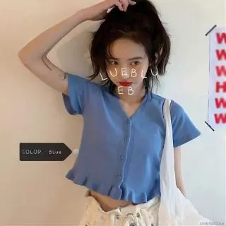 Áo Croptop Dệt Kim Tay Ngắn Phối Bèo Thiết Kế Cổ Chữ V Nữ Tính