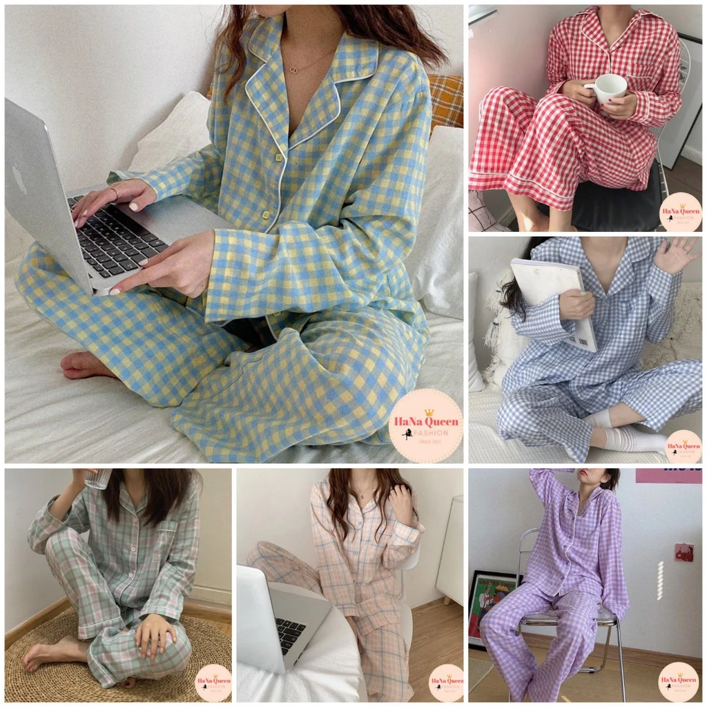 Bộ đồ ngủ Pijama cotton thô dài tay họa tiết kẻ phong cách Hàn Quốc (Hàng có sẵn)